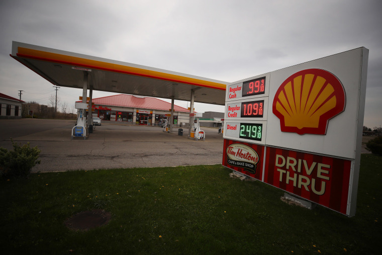 Image: A Shell gas station is seen with a sign displaying gas for $ 0.96 per gallon on April 24, 2020 in Southgate, Michigan.