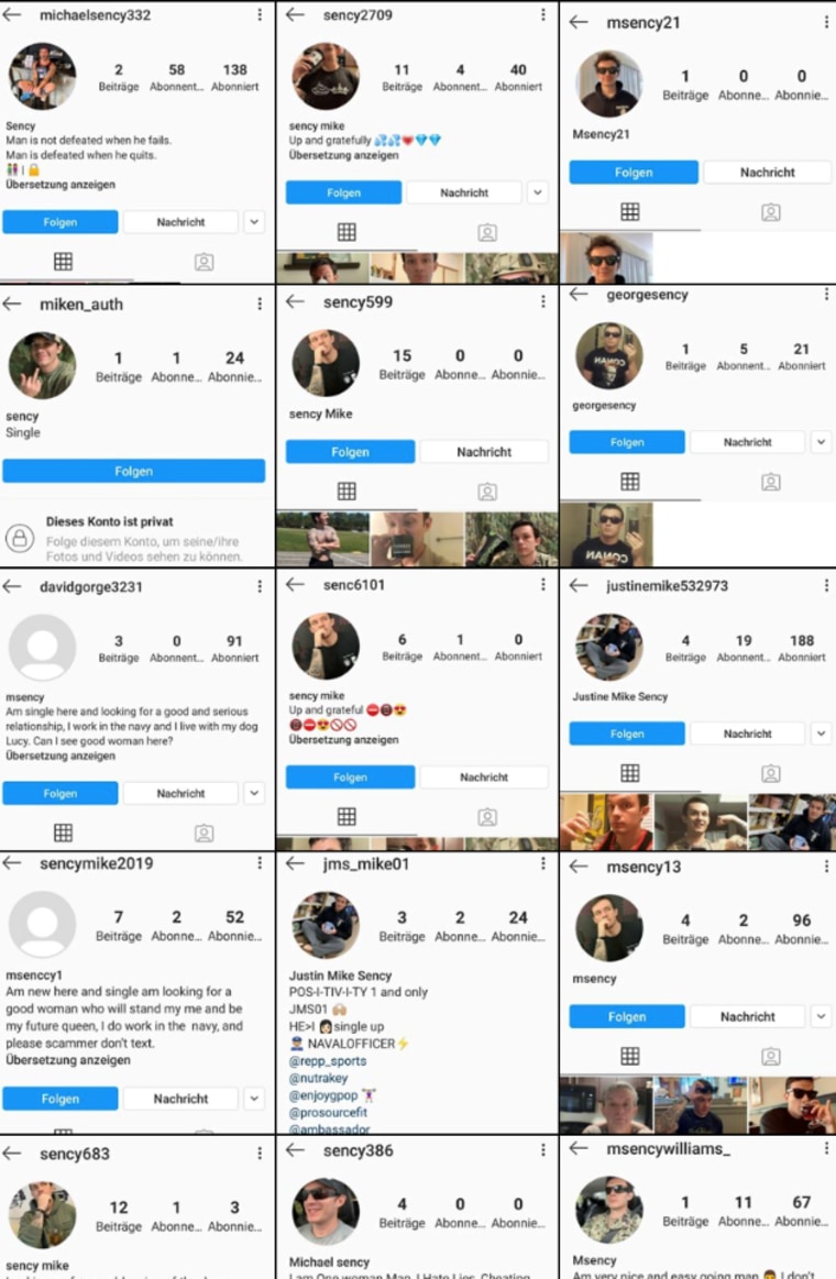 Image: There are hundreds of fake accounts using Mike Sency's name, photo and likeness online. These are a few examples from Instagram.