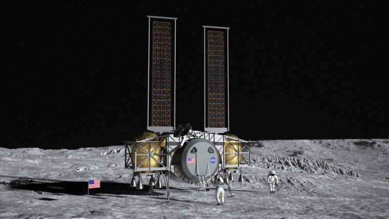 Image: Artist concept of the Dynetics Human Landing System on the surface of the moon.