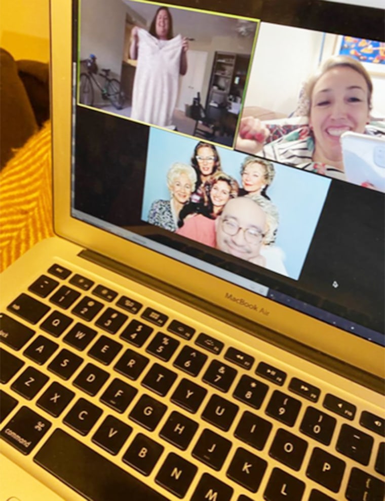 Bridget Cavaiola set up a video chat with friends to show them a gown she was considering.