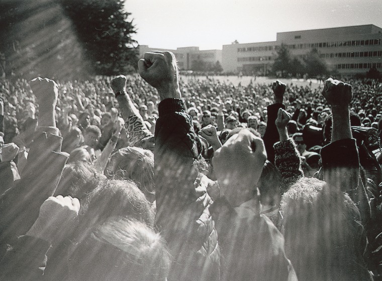 A protest at San Francisco State University in 1968.