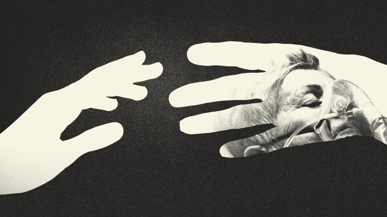 Photo illustration of two hands reaching for each other. In one of the hands, a sick older person is framed in the hand.