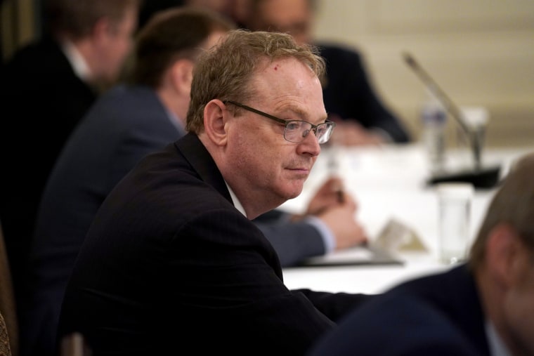 Image: White House senior adviser Kevin Hassett arrives for a meeting in the State Dining Room on May 8, 2020.