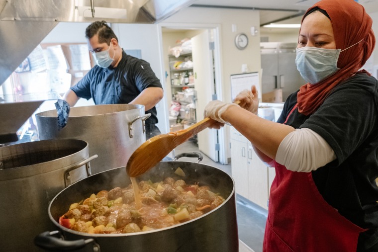 Chef Salima Mohamath prepares meatball and potato soup for AAPI seniors.