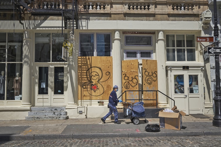 A mailman on Mercer Street in Soho, Manhattan on May 7, 2020. John Taggart for NBC