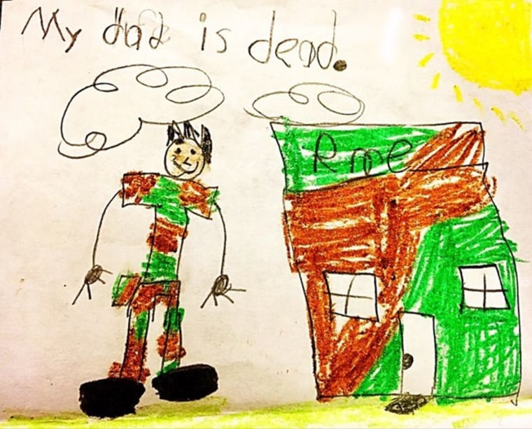 The sun is out, the house is camouflage, and even though he's gone, the dad is smiling. This is an example of the kinds of drawings that emerge from TAPS' Good Grief Camps for children who have lost military parents in death.