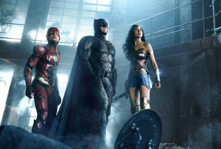 Image: Ezra Miller as The Flash, Ben Affleck as Batman and Gal Gadot as Wonder Woman in Warner Bros. Pictures' movie "Justice League."