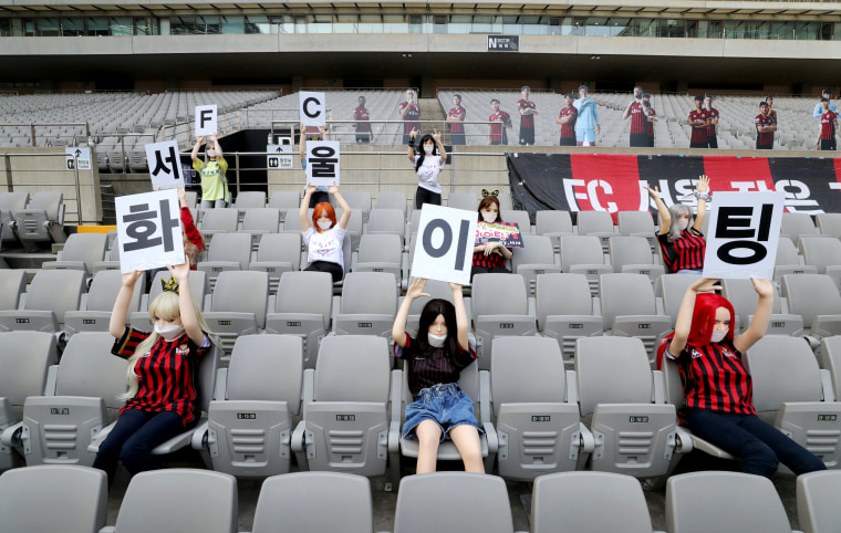 Image: Mannequins sit in seats to "cheer on" South Korea's FC Seoul during a match against Gwangju FC on May 17, 2020.