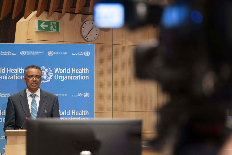 Image: World Health Organization Director-General Tedros Adhanom Ghebreyesus delivering a speech during the opening of the World Health Assembly virtual meeting from the WHO headquarters in Geneva