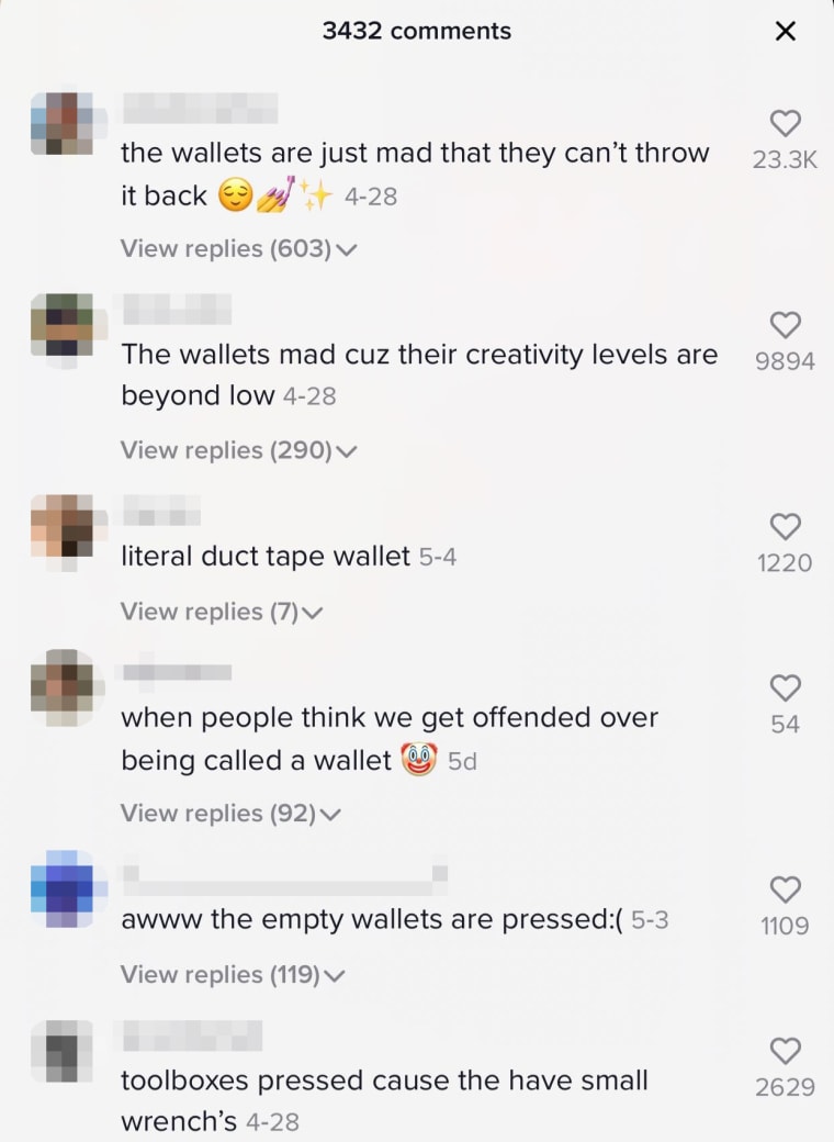Image: Comments calling men 'wallets' on a TikTok video.