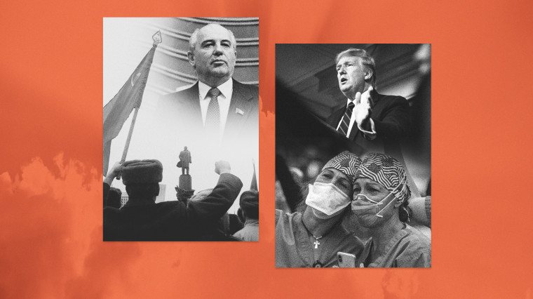 Image: Former Russian President Gorbachev seen with Russian man raising his fist, next to President Donald Trump and health workers wearing masks.