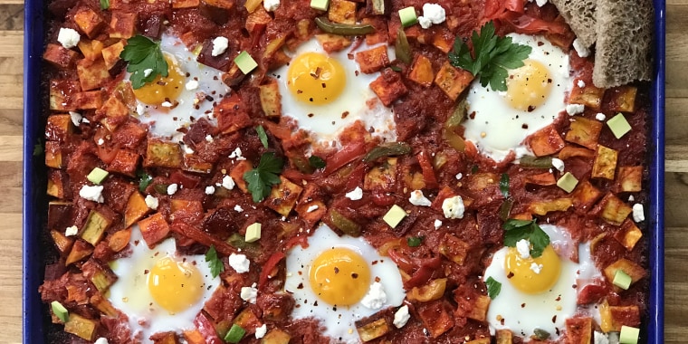 Sheet-pan shakshuka is the perfect easy button breakfast for hectic pre-holiday mornings. 