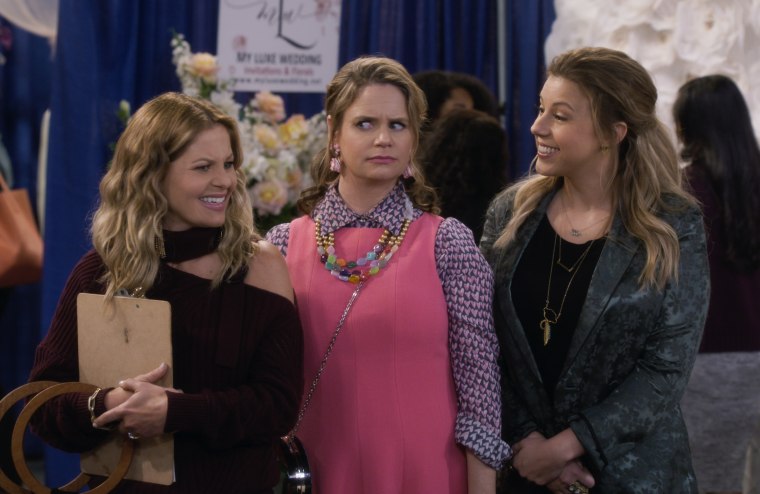 Fuller House. Candace Cameron Bure as D.J. Tanner-Fuller, Andrea Barber as Kimmy Gibbler, Jodie Sweetin as Stephanie Tanner in episode 511 of Fuller House.