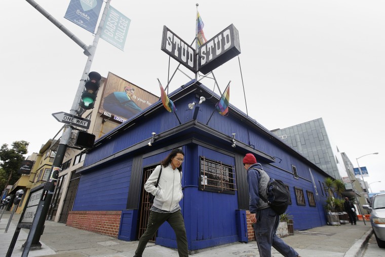 Pedestrians walking in front of The Stud bar in San Francisco on July 6, 2016.