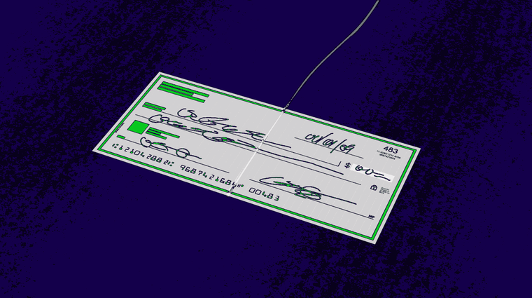 Image: A check being pulled back and forth by a string