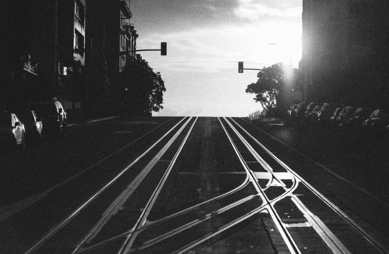 Image: A San Francisco street, empty of pedestrians and cable cars, on March 18, 2020.