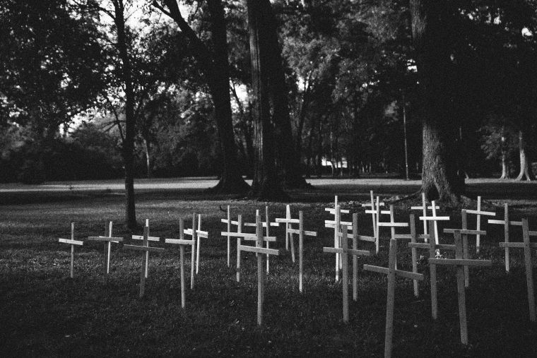 Image: Crosses in memory of people who died from COVID-19 outside of a church in Baton Rouge, La., on April 10, 2020.