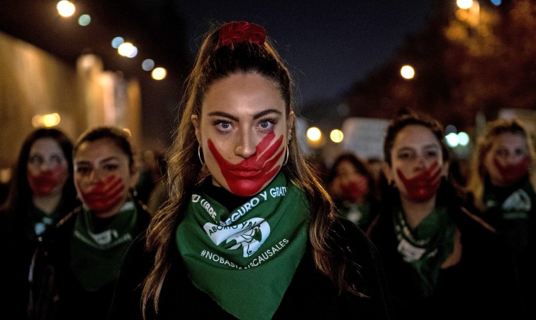 Activists march during a demonstration in favour of free abortion in Santiago, Chile, on July 25, 2019.