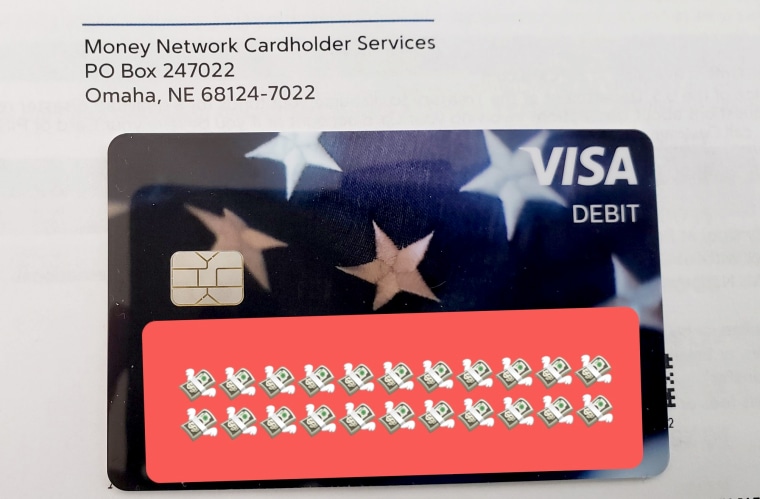 Image: Zachary Dash received his stimulus money through a debit card sent from \"Money Network Cardholder Services.\" Identifying information was obscured by source.