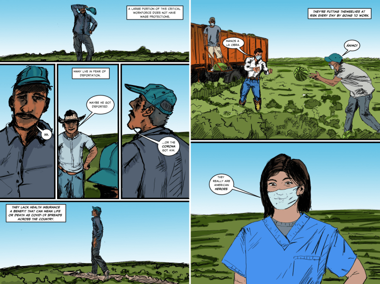 The comic depicts farm workers and a nurse giving out medical masks.