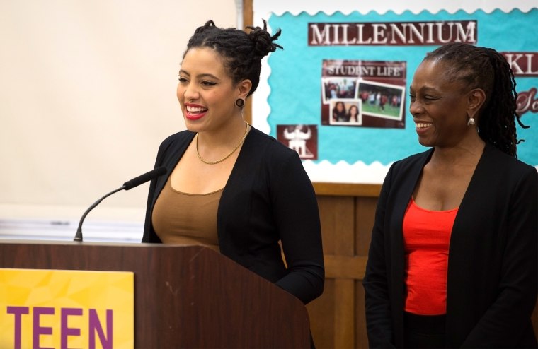 First Lady Chirlane McCray with Chiara de Blasio at the launch of NYC Teen Text, a new mental health resource for teens, in Brooklyn, N.Y. on March 24, 2015.