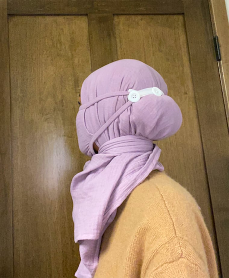 On hijab sets, the masks fasten at the back of the head so they can be easily readjusted. 