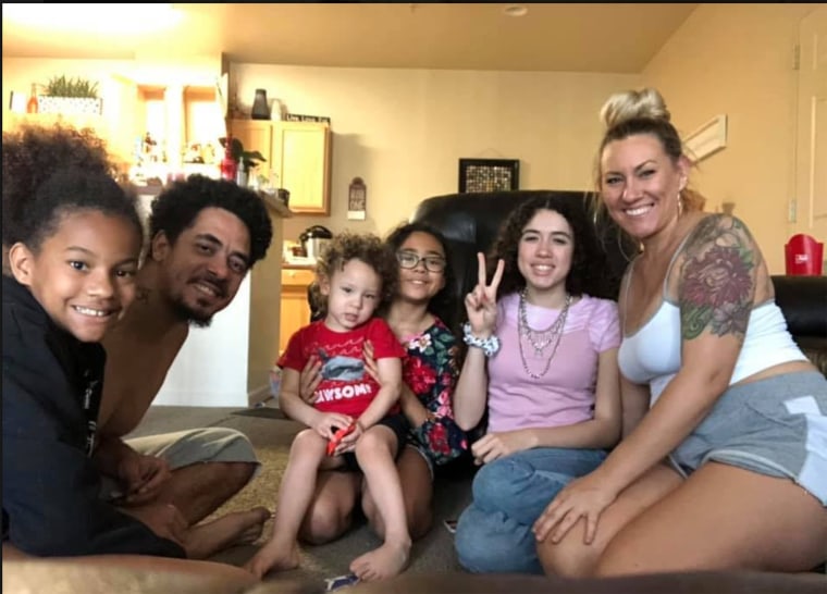 Jamie Lee Hurtt and Joseph Mckinzie's blended family includes a spectrum of skin shades between them his daughters Leilani, 12, and Isabella, 10, her daughter Azariah, 10, and their sons together, Joseph Jr., 2, and baby Jeremiah, 3 months (not pictured).