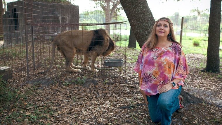 Carole Baskin in a still from \"Tiger King: Murder, Mayhem and Madness\" on Netflix.