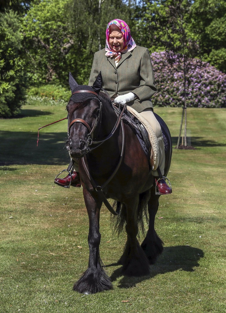 Image: Queen Elizabeth II rides Balmoral Fern, a 14-year-old Fell Pony, in Windsor Home Park over the weekend.