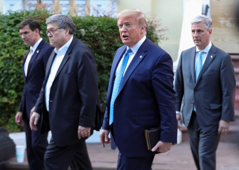 Image: President Donald Trump, Defense Secretary Mark Esper, Attorney General William Barr and national security adviser Robert O'Brien