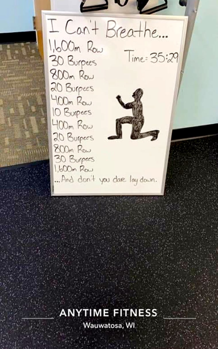 A board with a fitness routine at Anytime Fitness in Wauwatosa, Wisc.