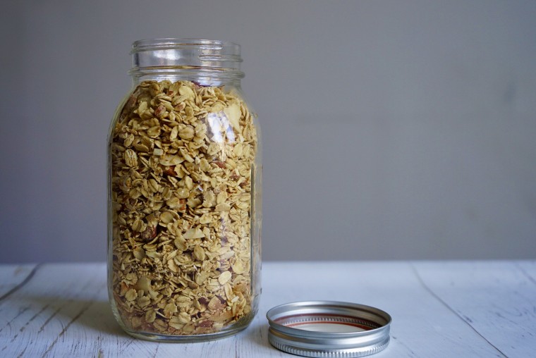The granola will stay fresh for 3-4 weeks at room temperature and can also be frozen (but not in a glass container!).