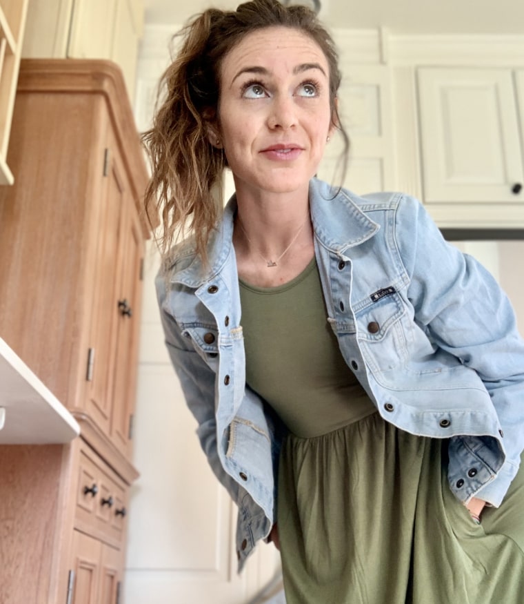 army green maxi dress under a Lucky Brand denim jacket