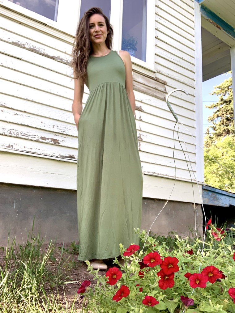 maxi dress paired with nude pumps