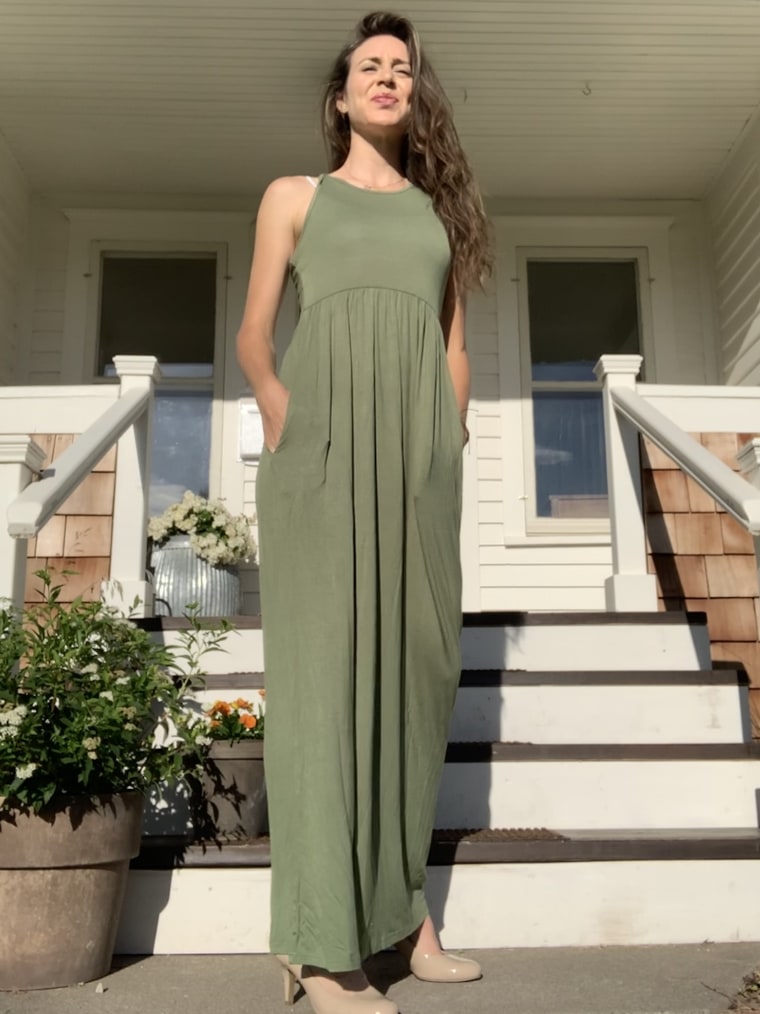 what the maxi dress looks like on someone of average height, in heels