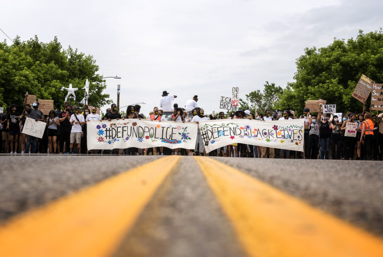Image: Demonstrators call to defund the Minneapolis Police Department on June 6, 2020.