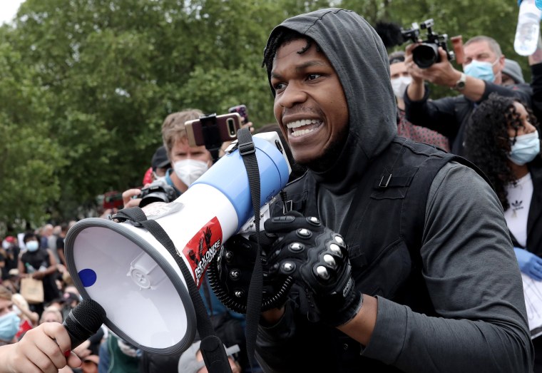 Image: Actor John Boyega speaks to the crowd during a Black Lives Matter protest in Hyde Park on June 3, 2020 in London, United Kingdom.