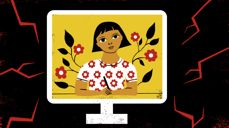 Image: A happy teenage girl inside a computer screen, surrounded by red cracks.