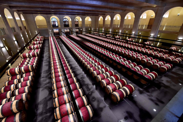 Image: Chateau Montrose wine estate in Saint-Estephe near Bordeaux on June 4, 2020 shows barrels of wine during a 'primeurs' Bordeaux wines tasting according to sanitary rules as France eases lockdown measures taken to curb the spread of the COVID-19 pand