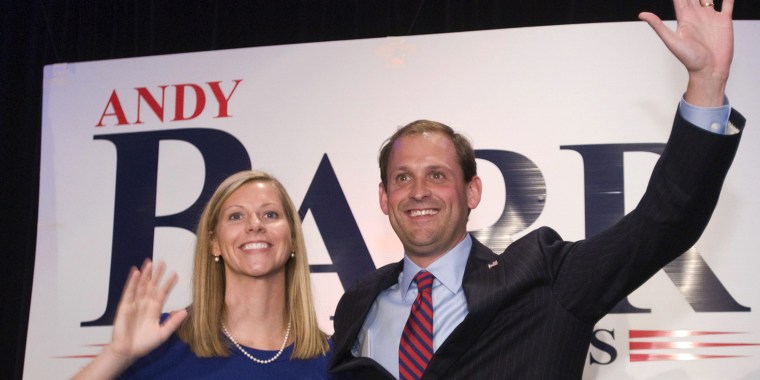 Republican Rep. Andy Barr and his wife, Carol, greet supporters in 2012 following Barr's congressional win. 