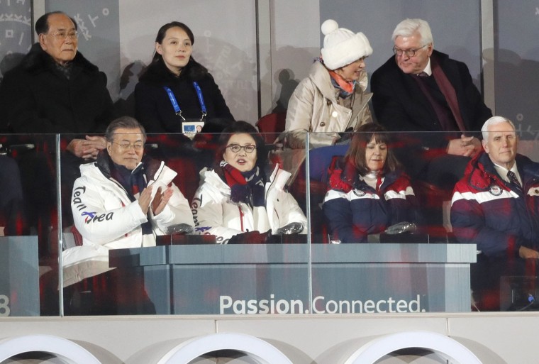 President of South Korea Moon Jae-in, Kim Yo-jong, the sister of North Korea's leader Kim Jong Un and U.S. Vice President Mike Pence watch the opening ceremony at the Pyeongchang 2018 Winter Olympics on Feb. 9, 2018.
