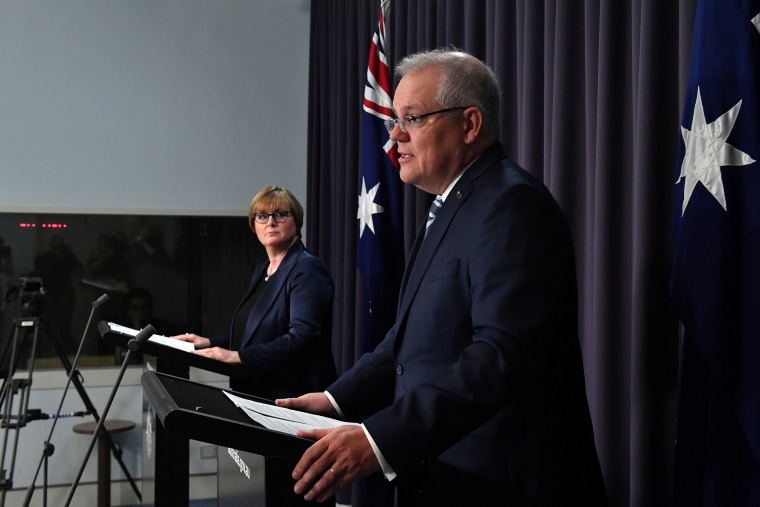 Image: Prime Minister Morrison speaks during a press conference revealing a state-based cyber attack in Canberra