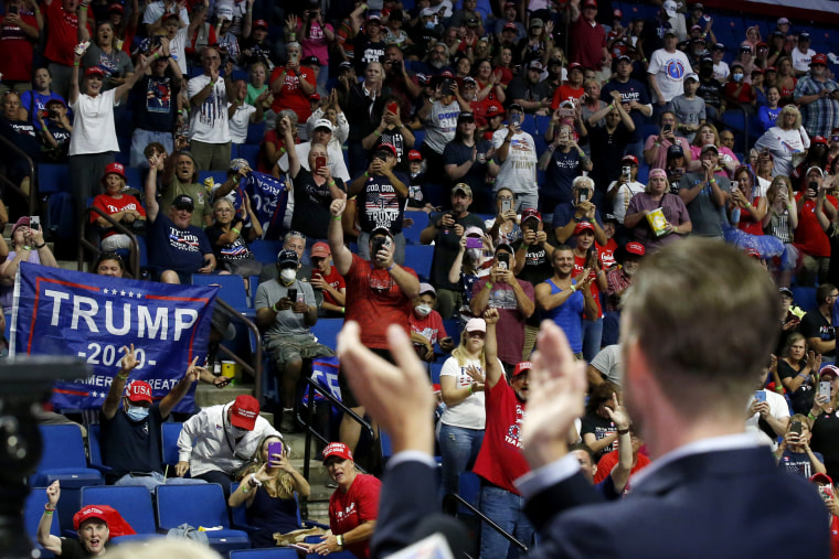 Image: Supporters cheer for Eric Trump before the start of a rally in Tulsa, Okla., on June 20, 2020.
