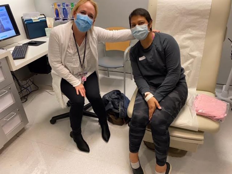 Even though the coronavirus pandemic continues, Tanya Bhatia visits Dr. Amy Tiersten at the Dubin Breast Center for follow-up visits. She's currently receiving a drug being tested as part of a clinical trial with infusion chemotherapy to treat her cancer. 