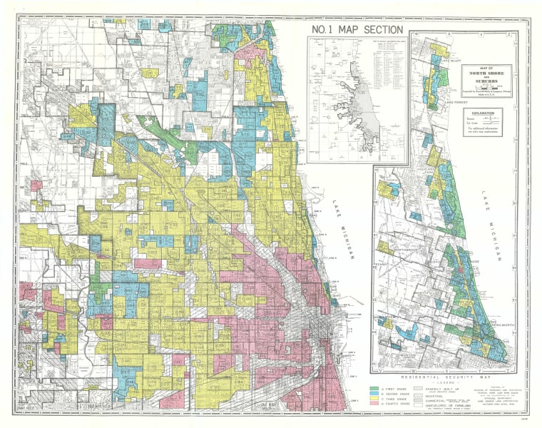 A map depicts redlining in the city of Chicago. 