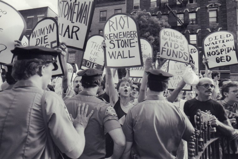 AIDS activists protest at Stonewall monument in NYC in 1989