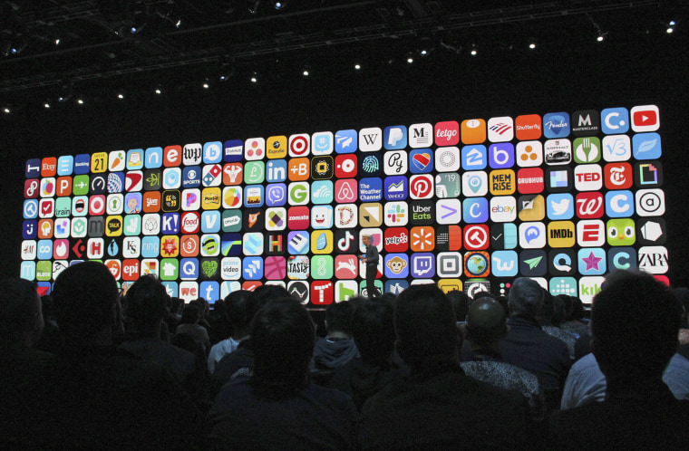 App icons on a screen during the 2019 Apple Worldwide Developer Conference in San Jose, Calif.