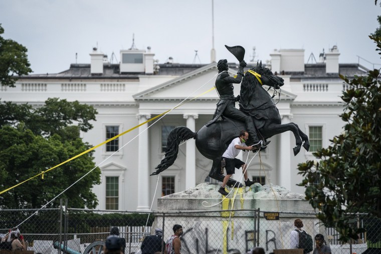 Image: Protesters attempt to pull down the statue of Andrew Jackson in Lafayette Square near the White House
