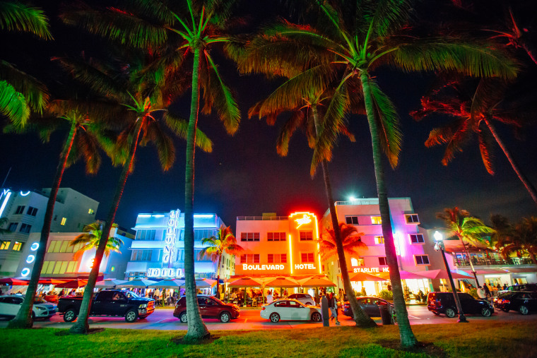 Ocean Drive and Art Deco District in South Beach, Miami at night, Florida, USA