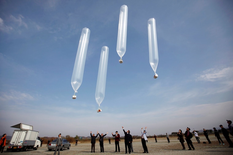 Image: FILE PHOTO: Members of an anti-North Korea civic group release balloons containing leaflets denouncing the North's leader Kim Jong-un at Imjingak pavilion in Paju